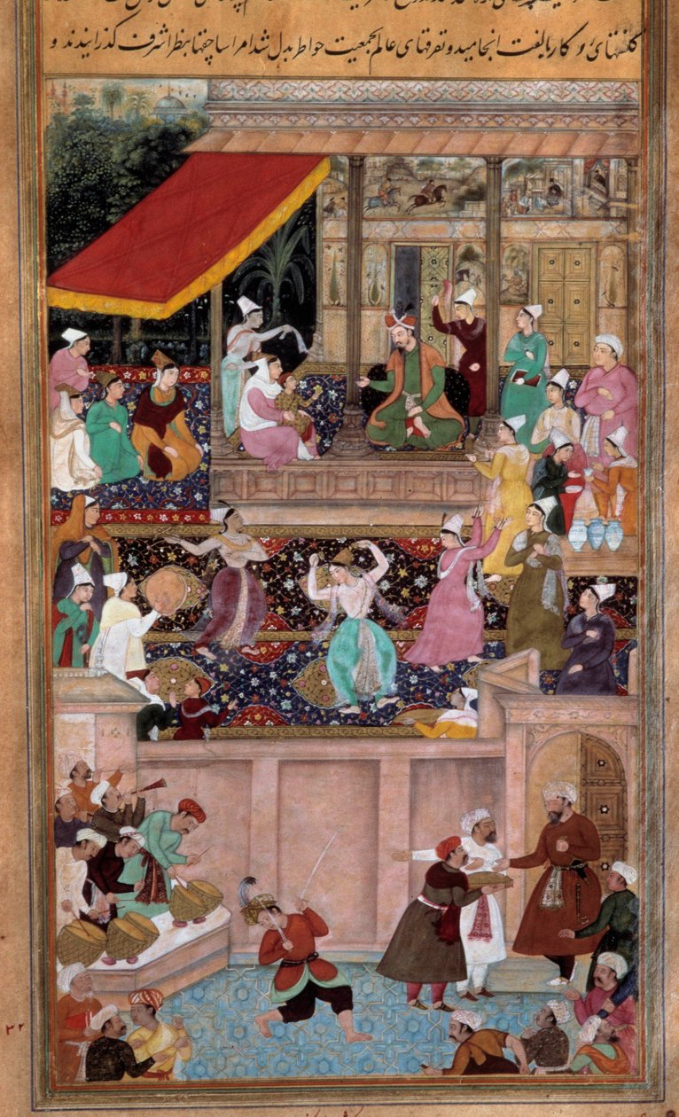 Bir padişahın sarayında dans, müzik, eğlence sahnesi. fars minyatürü by Persian School