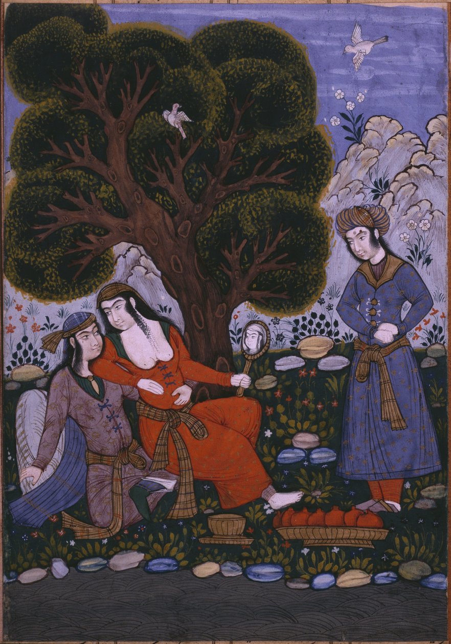 Bir bahçede bir çift için meyve getiren hizmetçi by Persian School