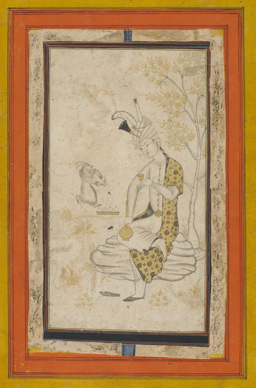 Kayaya oturan Şah Tahmasp, Safevi hanedanı (kağıt üzerinde mürekkep ve altın) by Persian School