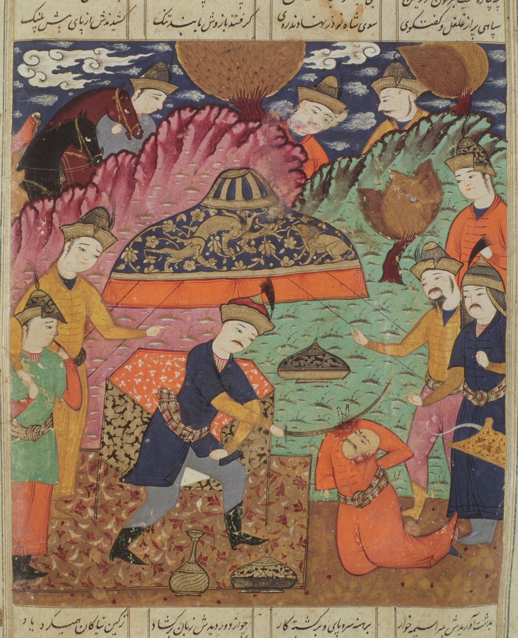 Nouzaur'un Kafasının Kesilmesi, Ebu'l-Qasim Manur Firdevsi'nin (c.934-c.1020) 1619 (kağıt üzerine guaj) 'Shahnama'dan (Krallar Kitabı) bir örnek by Persian School