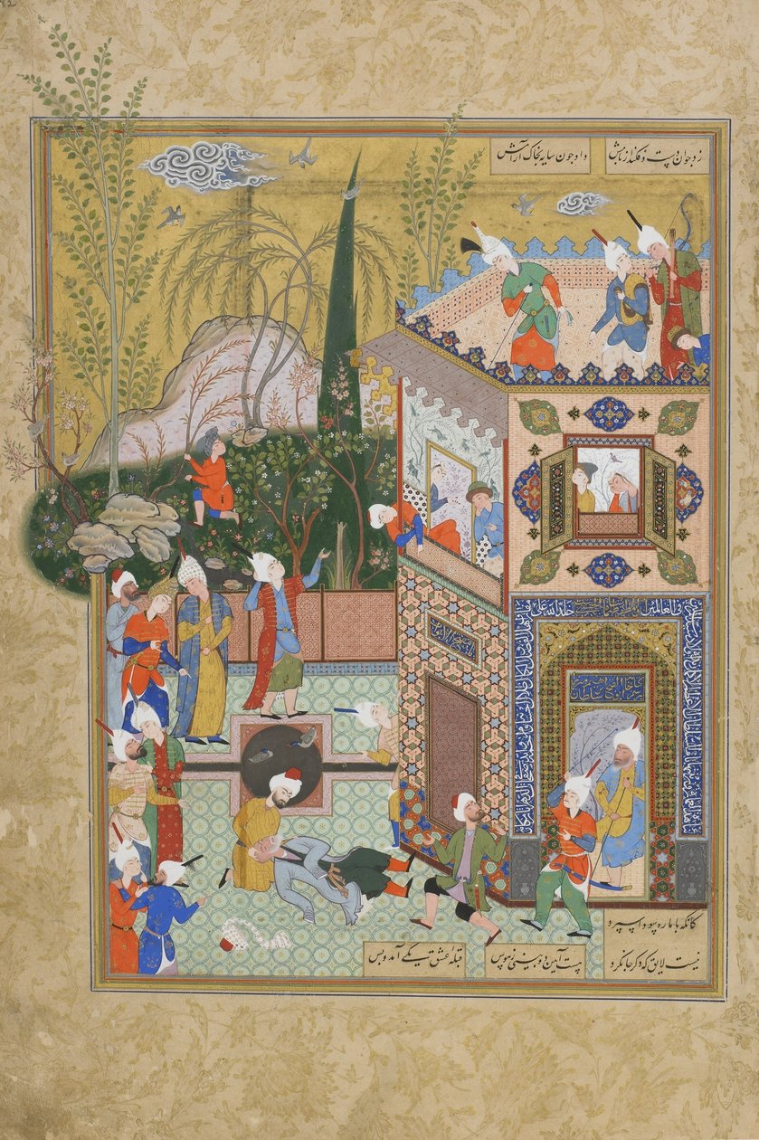 The Fickle Old Lover Çatıdan Vuruldu, Jami (ö.1492) tarafından bir Haft awrang'dan (Yedi taht) yaprak, muhtemelen Meşhed, Horasan, İran, Safevi hanedanı, 1556-1565 (mürekkep, opak suluboya ve altın by Persian School