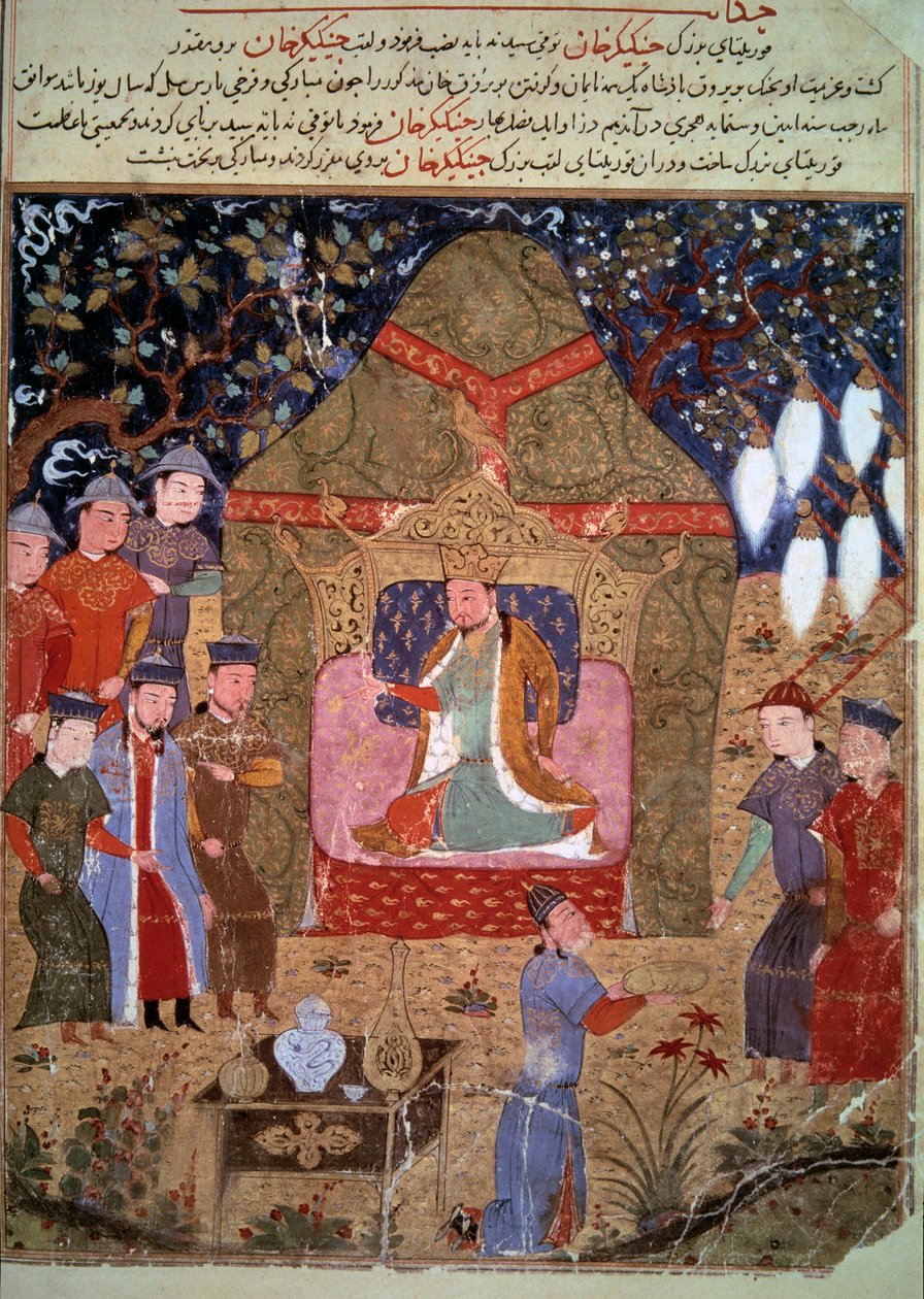 Tarihçi Rashid al-Din (el Din) (1247-1318) tarafından "Cami al-Tawarikh" (Cami al-Tawarikh) (veya Evrensel Tarih)'den Pers Minyatür Merkezini temsil eden Moğol İmparatoru Cengiz Han'ın (1162-1227) mahkemesi ), yaklaşık 1430. Paris, BN by Persian School