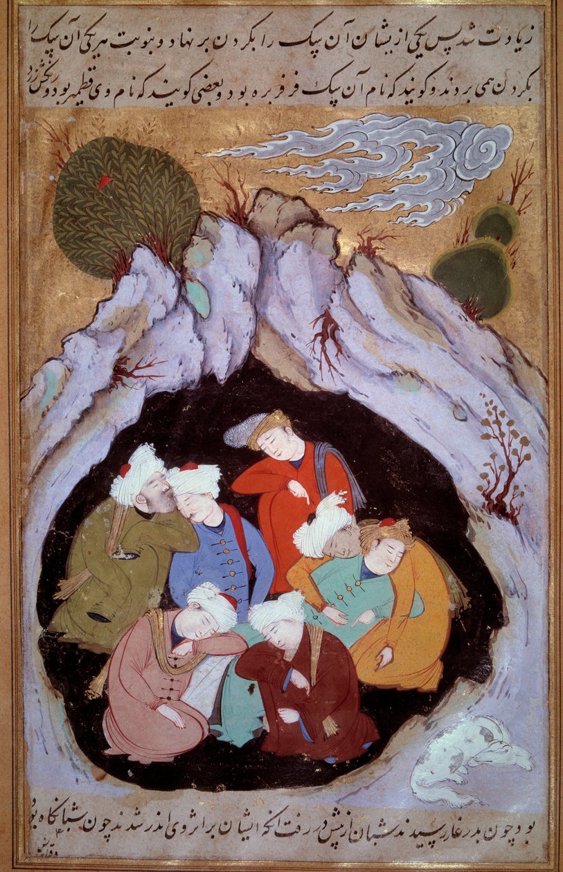 16. yüzyıldan kalma bir Farsça el yazmasından Efes Minyatürünün yedi uyku hali. by Persian School
