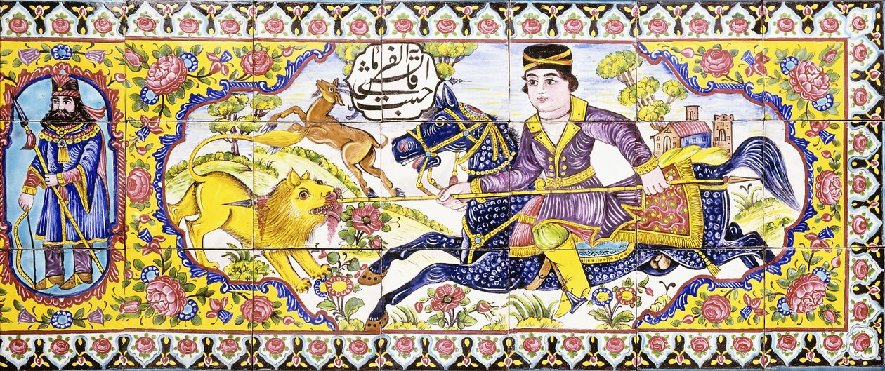 Uzun bir cuerda seca çini panelinden üçüncü kartuş, av ve savaş sahnelerini betimliyor, 19. yüzyıl by Persian School