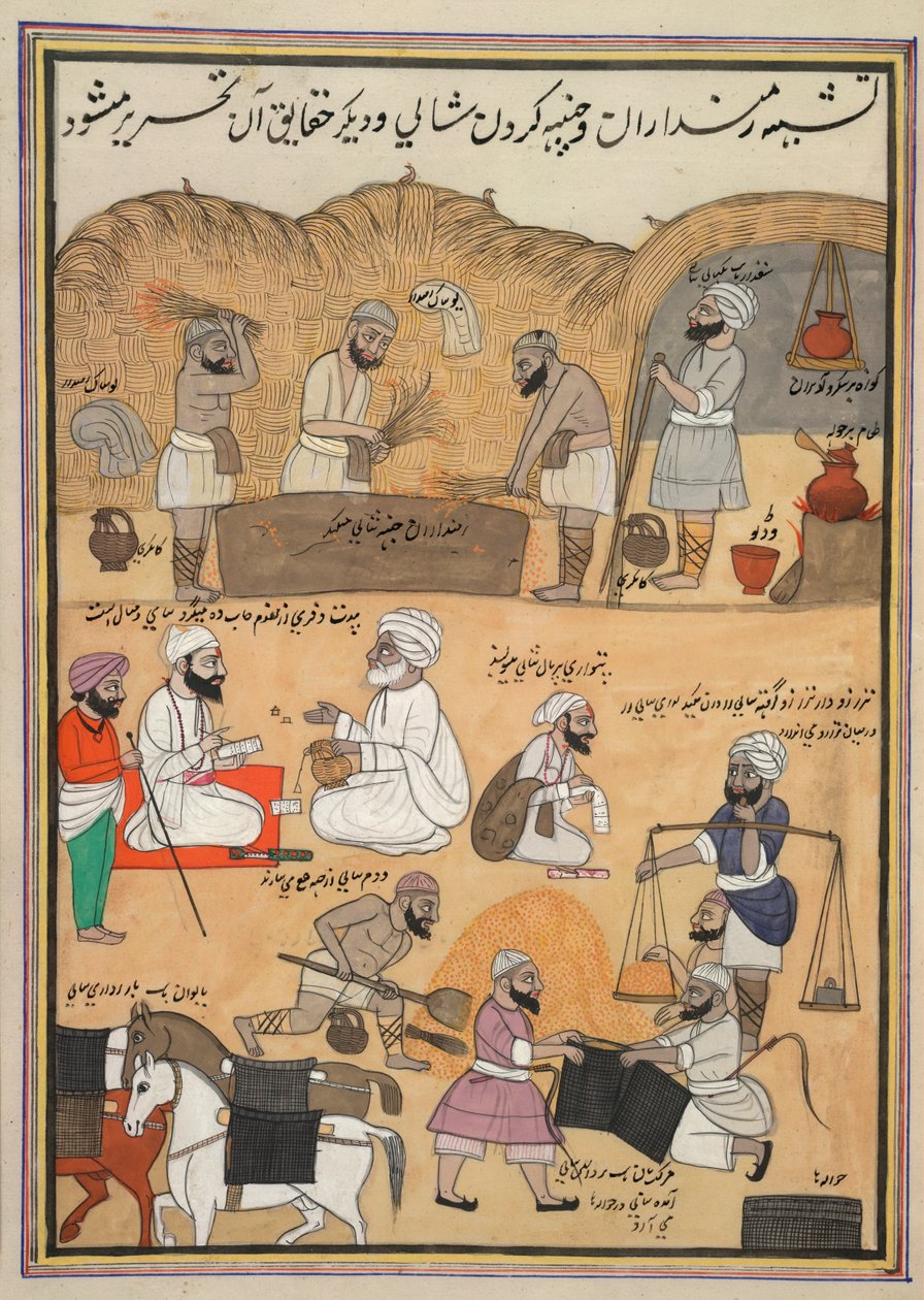 Çeltik harmanı, tartılması ve heybelerde paketlenmesi by Persian School