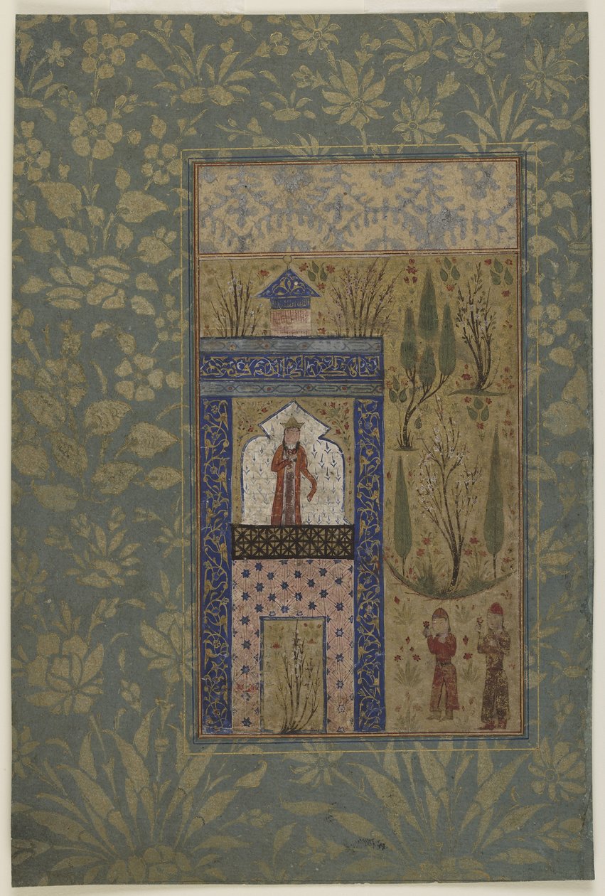 Bir pencerede bir prensesin önünde iki genç, c.1417-18 (kağıt üzerinde opak suluboya ve altın rengi) by Persian School