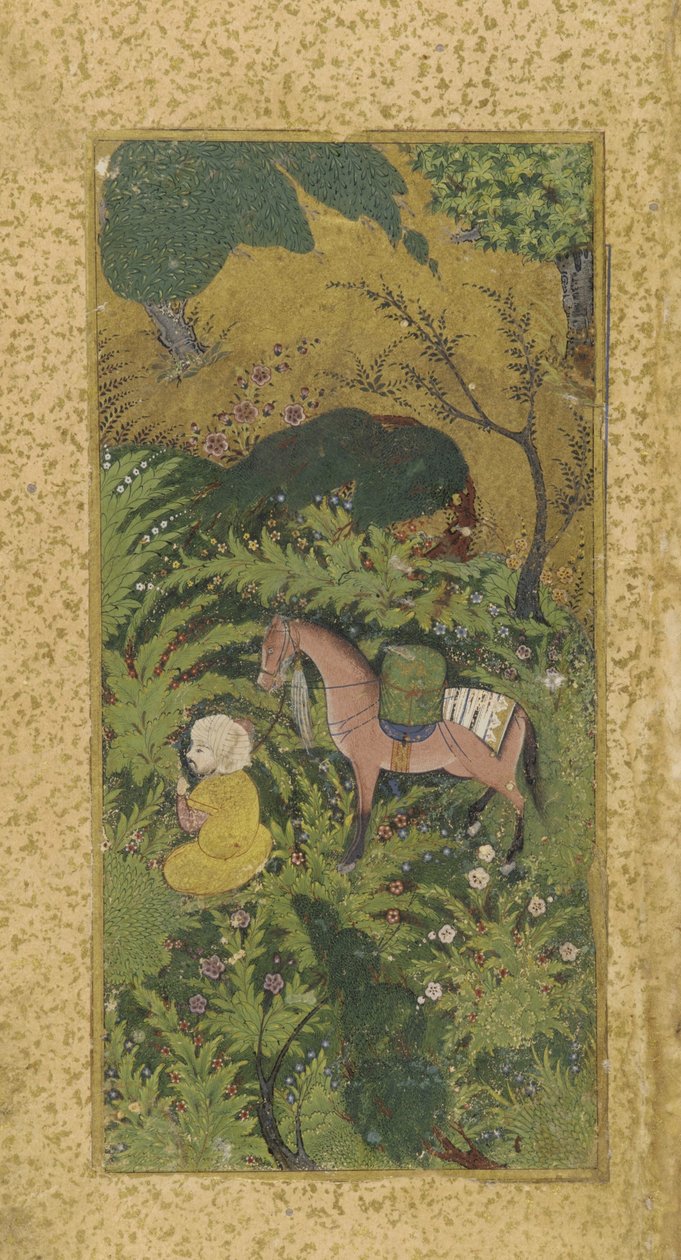 Ormanlık koruda atlı bekleyen damat, muhtemelen Tebriz, Türkmen hanedanı, c.1500 (kağıt üzerinde opak suluboya ve altın) by Persian School