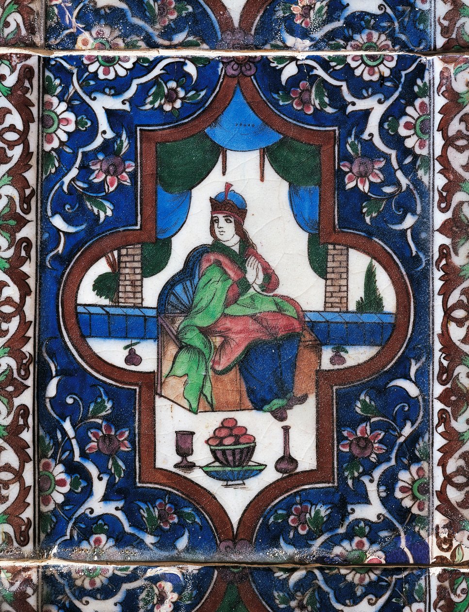 Oturan kadın, boyalı seramik karo, Pers uygarlığı by Persian School