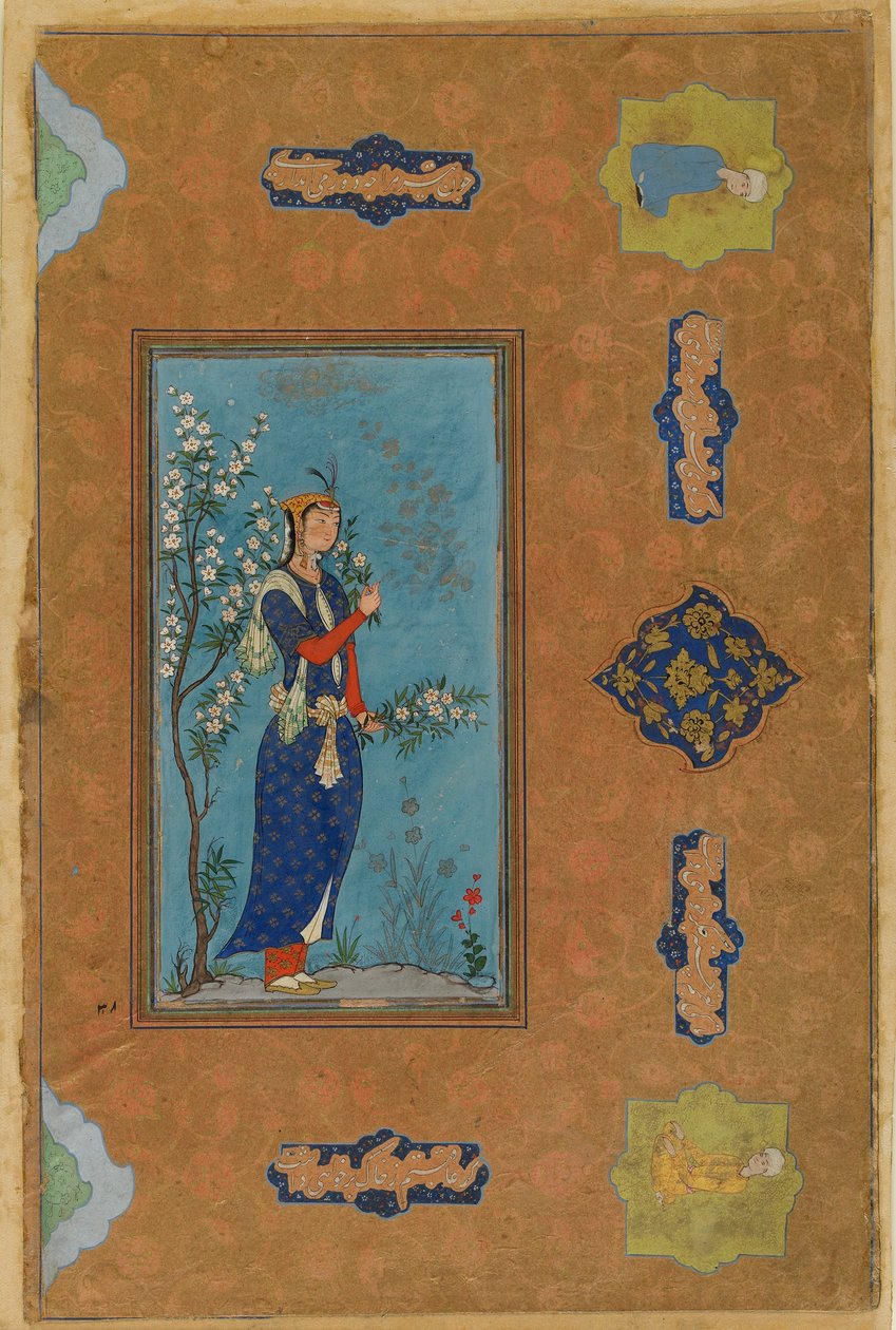 Elinde çiçek spreyi olan kadın, Safevi Dönemi, c.1575 (kağıt üzerinde wc ve altın) by Persian School