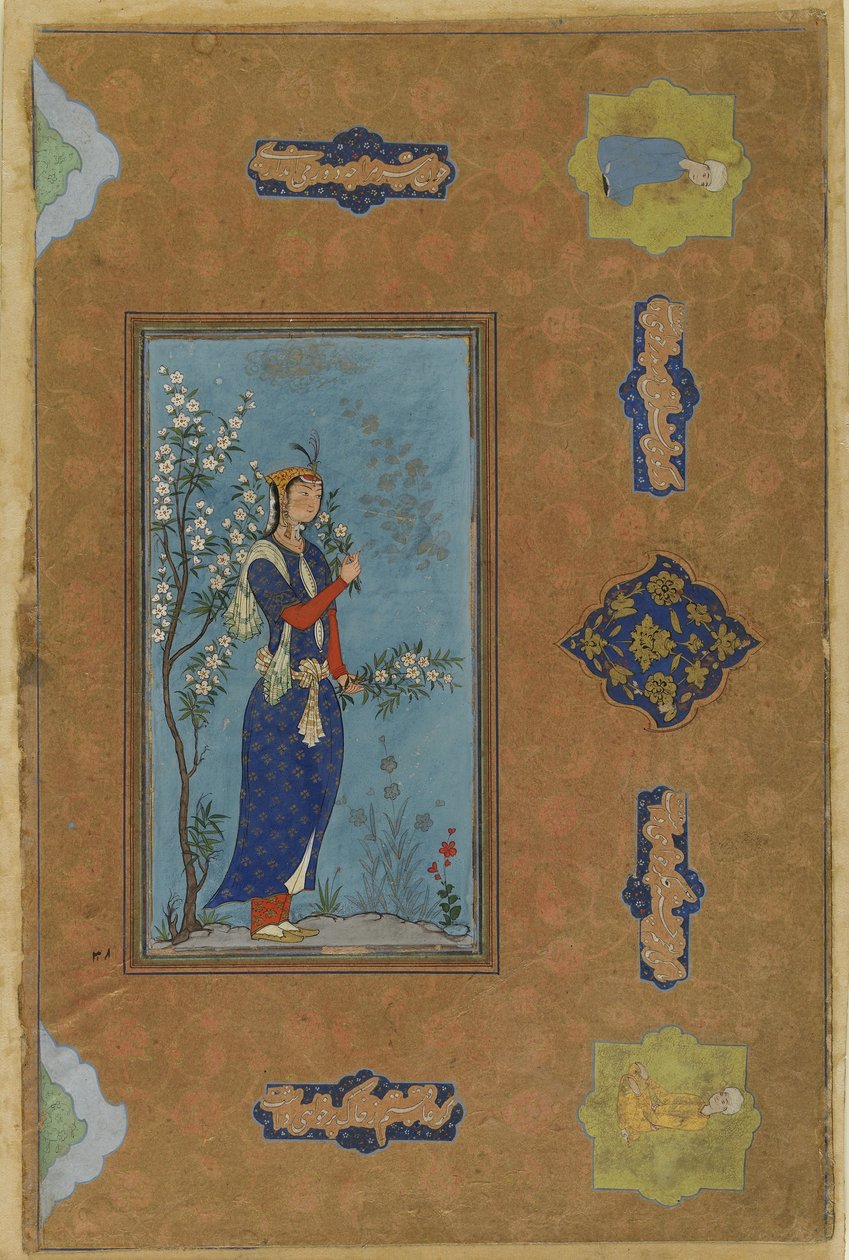 Bir sprey çiçekli kadın, c.1575 (kağıt üzerinde opak suluboya ve altın rengi) by Persian School