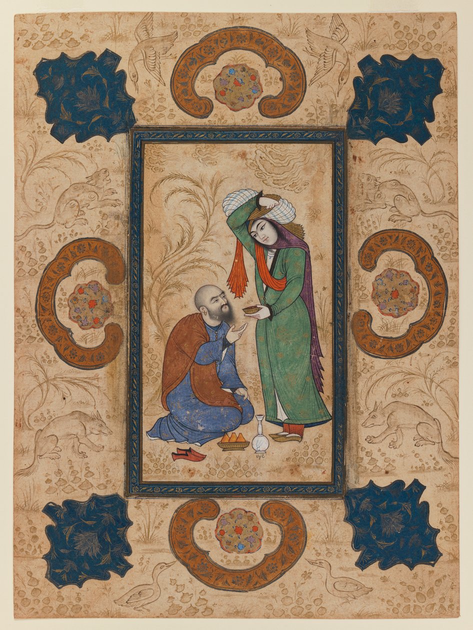 Bir adaçayı şarap sunan genç kadın (kağıt üzerinde mürekkep ve opak klozet) by Persian School
