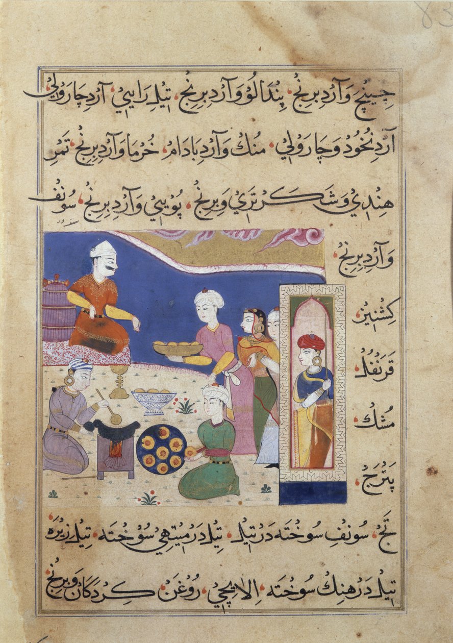 f.83v Hint mutfağı (parşömen) üzerine bir el yazmasından Mandu Sultanı için tatlıların hazırlanması by Persian School
