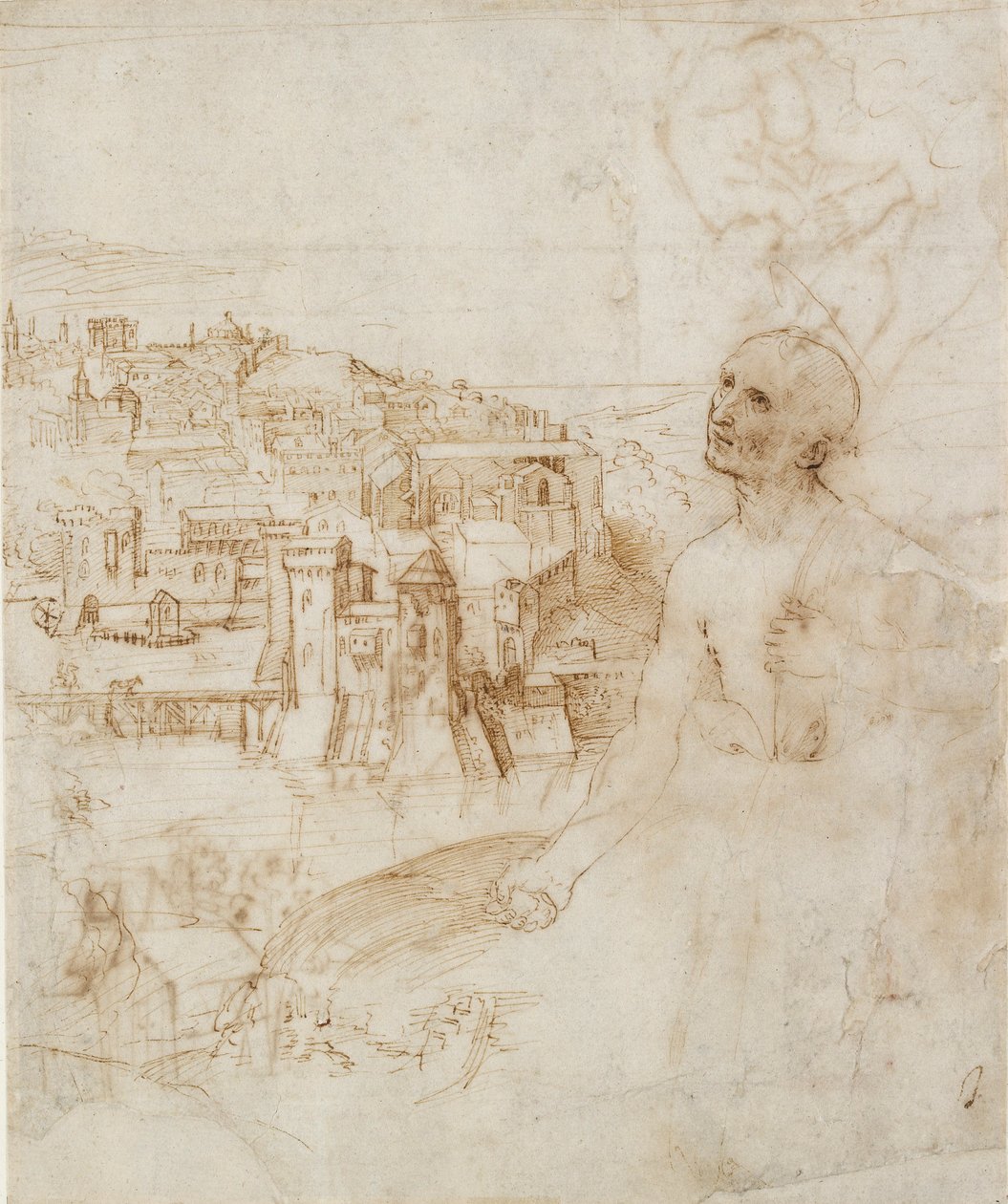 Ön planda tövbekar St Jerome ile Perugia şehrinin görünümü, 1500-1504 by Perugino