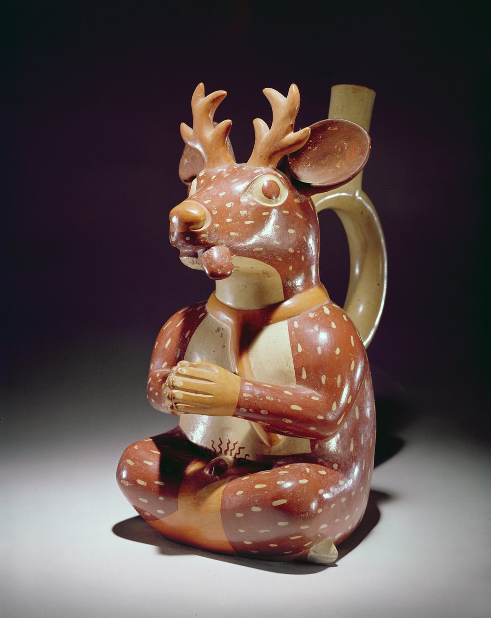 Tutsak Geyik-adamın çanak çömlek kabı, Mochica (toprak çömlek) by Peruvian School