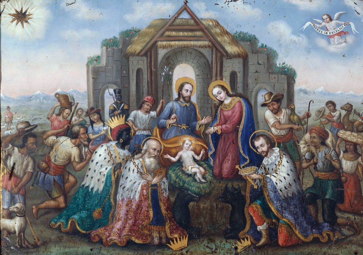 Büyücülerin ve Çobanların Hayranlığıyla Doğuş, Ötesinde Bir And Manzarası by Peruvian School