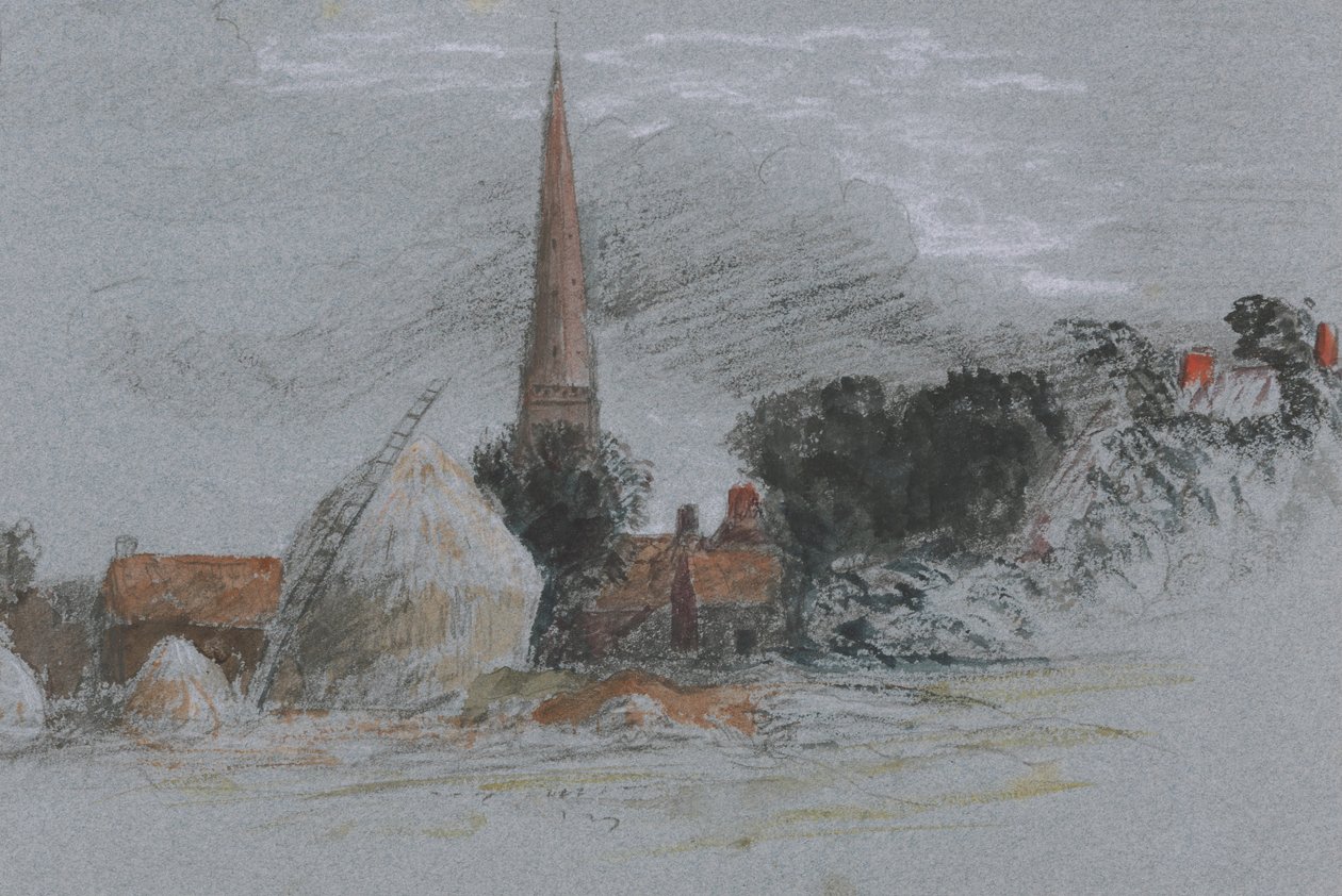 Peyzaj Çalışması - bir kilisenin yanında samanlık by Peter de Wint