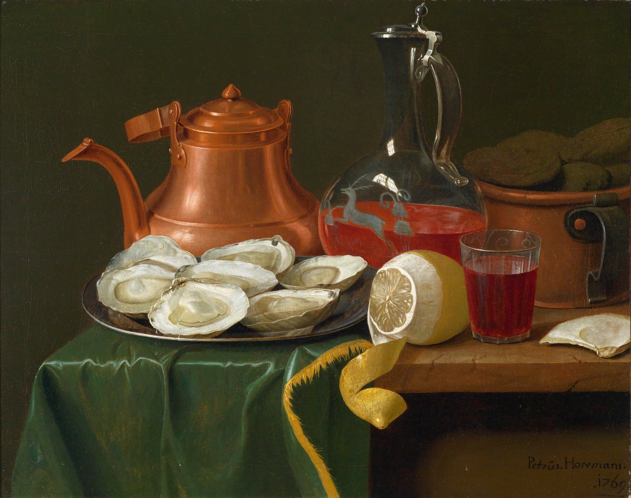 İstiridye, limon, şaraplı sürahi ve bakır sürahi ile natürmort by Peter Jacob Horemans