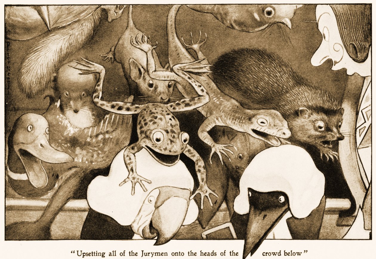 Tüm Jüri Üyelerini aşağıdaki kalabalığın kafalarına takan, Lewis Carrolls Alices Adventures in Wonderland için illüstrasyon, 1901 by Peter Newell