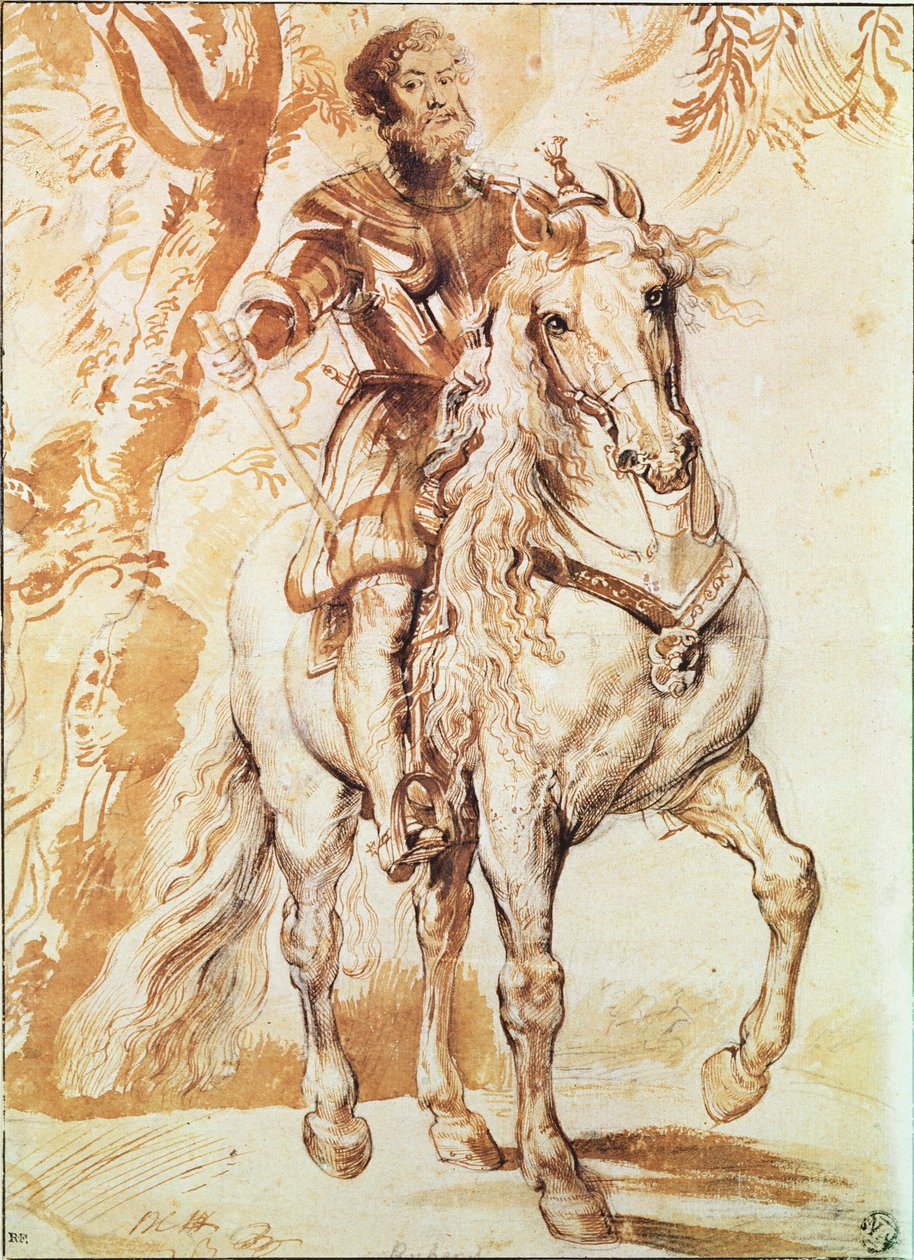 Zırhlı Atlı Şövalye (kağıt üzerinde kalem ve mürekkep) by Peter Paul Rubens