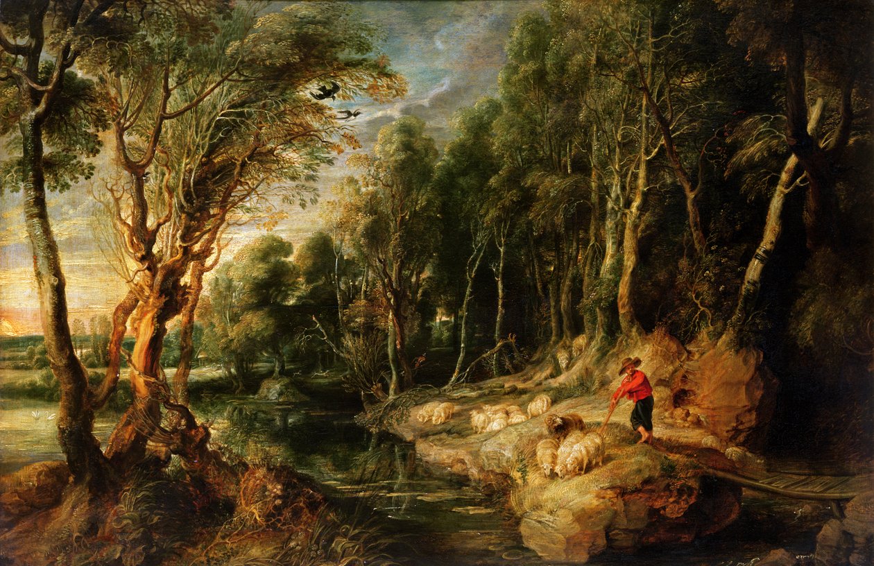 Odunsu bir arazide sürüsüyle birlikte bir Çoban, c.1615-22 (meşe üzerine yağlı boya) by Peter Paul Rubens