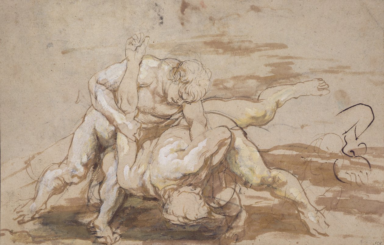 İki Adam Güreşi (kağıt üzerine karakalem, kalem ve mürekkeple yıkama) by Peter Paul Rubens