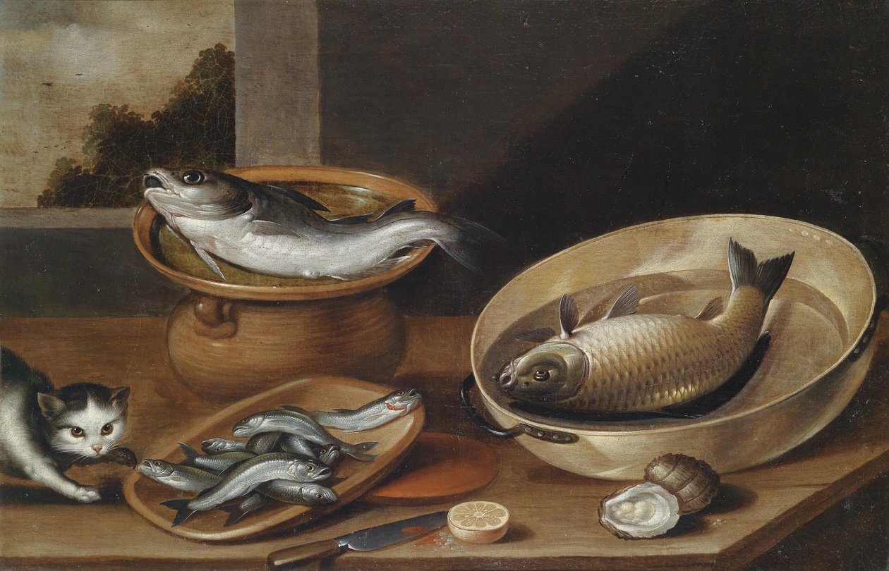 kedi ile balık natürmort by Peter van Boucle
