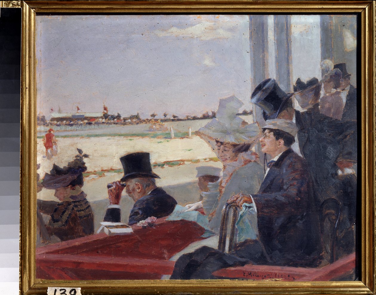 At yarışı (Binicilik). Seyirciler, tribünlerde oturmuş binicilik yarışmasını izliyorlar. Pyotr Alexandrovich Nilus (Pierre Nilous) (Nilouss) (1869-1940/1943), ahşap üzerine yağlı boya tablo by Peter Alexandrovich Nilus