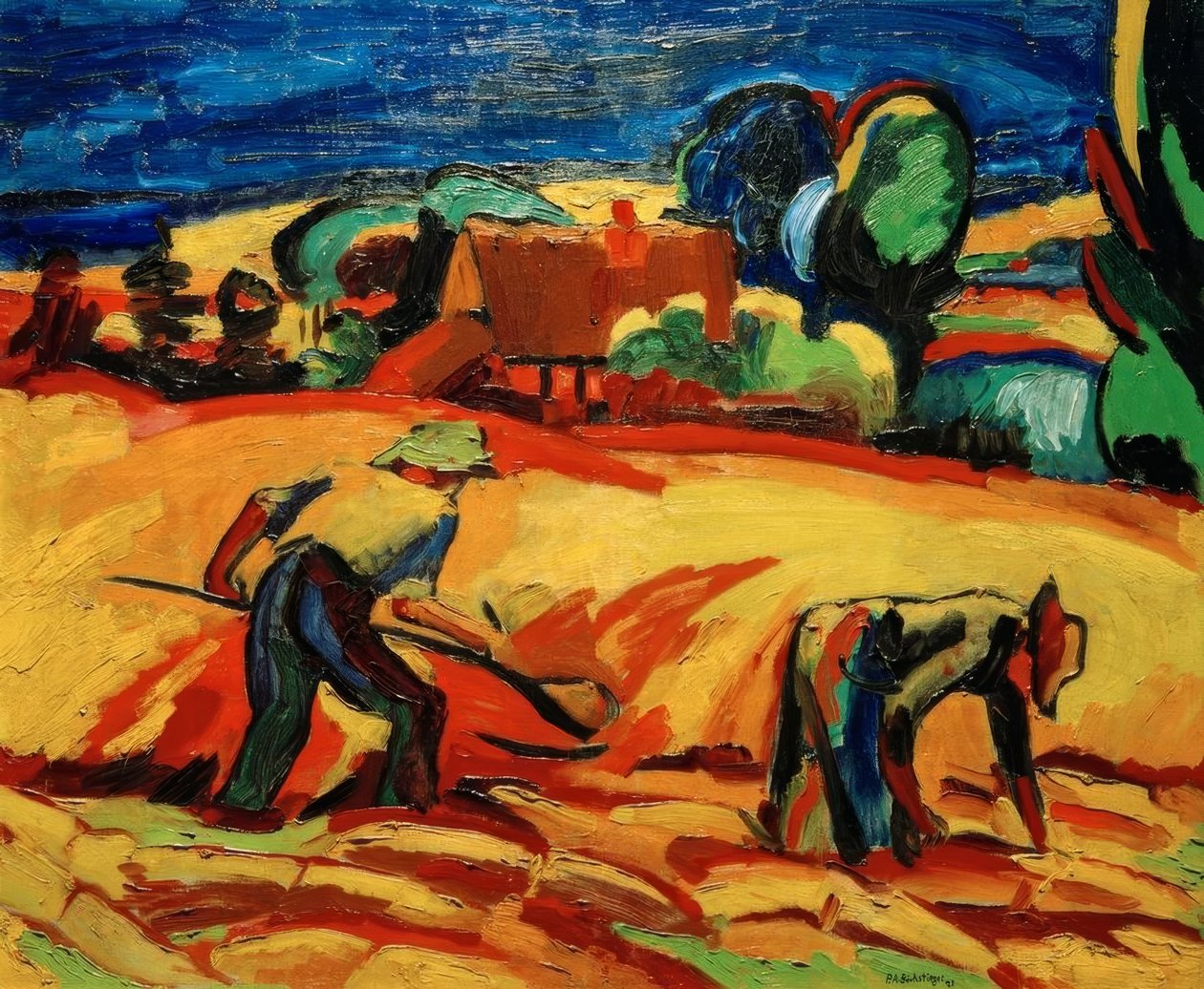 Ailem evin önündeki tahıl hasadında by Peter August Böckstiegel