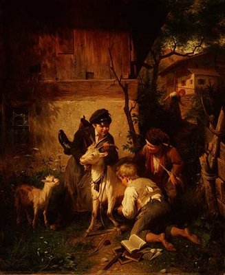 Bir keçi ile oynayan çocuklar by Peter Baumgartner
