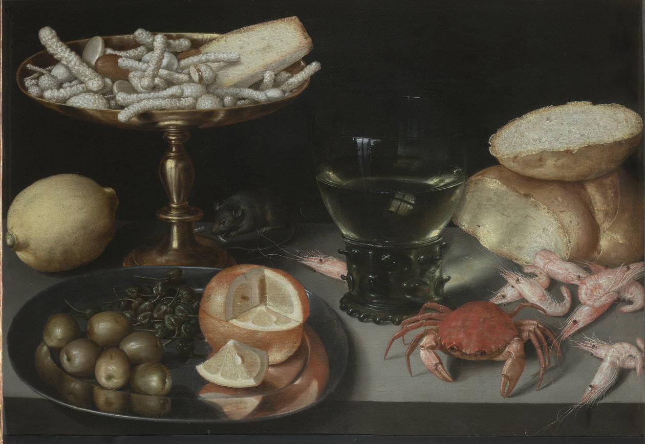 Meyve, tatlılar, kabuklular, bardak ve fare ile natürmort, c.1620 by Peter Binoit