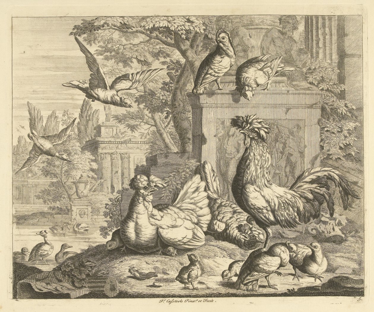 Horoz, civcivli tavuk ve antik kalıntıları olan bir bahçede diğer kuşlar Farklı kuşlar (dizi başlığı) by Peter Casteels (III)