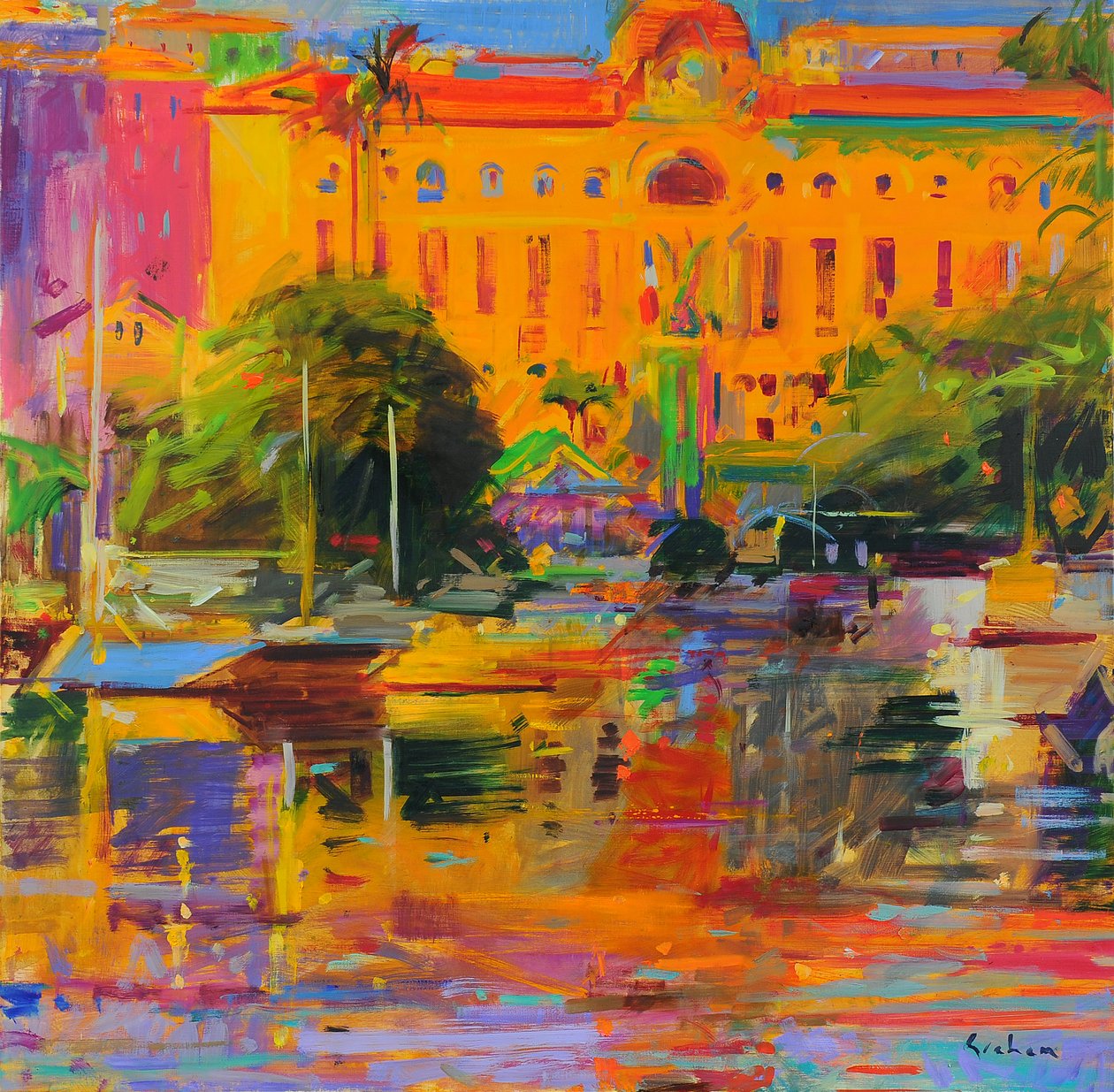 Riviera Yansımaları-Cannes, 2022 (tuval üzerine yağlı boya) by Peter Graham (Contemporary)
