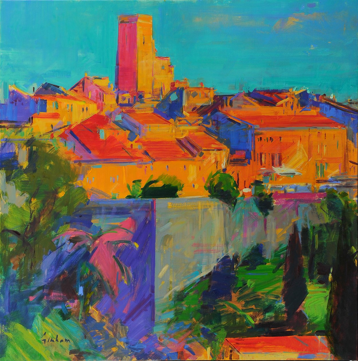 Saint-Paul de Vence, Altın Işık, 2022 (tuval üzerine yağlı boya) by Peter Graham