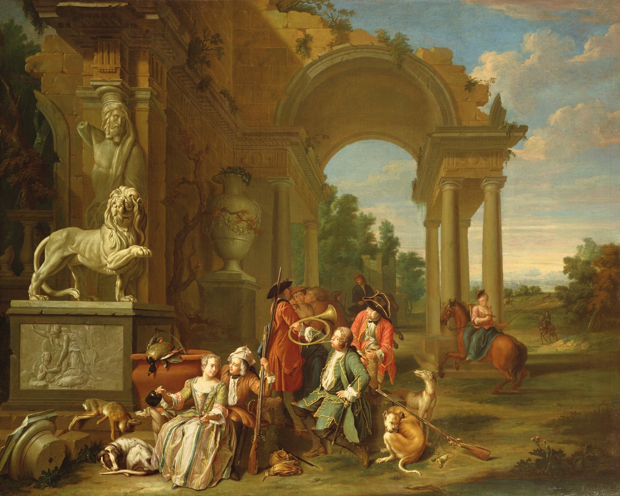 A Hunting party in classical ruins by Peter Jacob Horemans