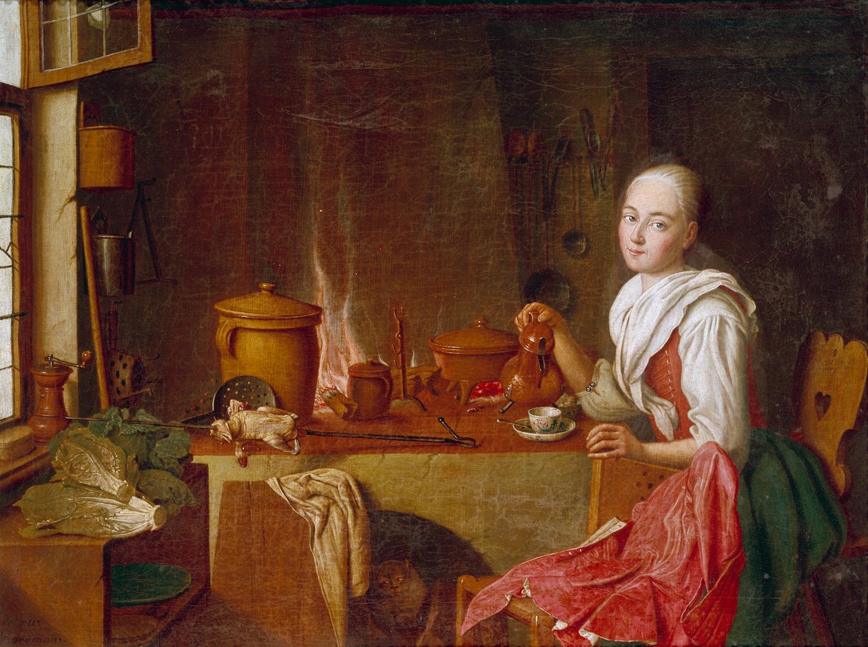Bayan mutfağında Şöminenin önünde kahve üzerinde oturan genç bir kadın. Peter Jacob Horemans (1700-1776) (ec.flam.) 18. yüzyıl Münih tablosu. Alte Pinakothek by Peter Jacob Horemans