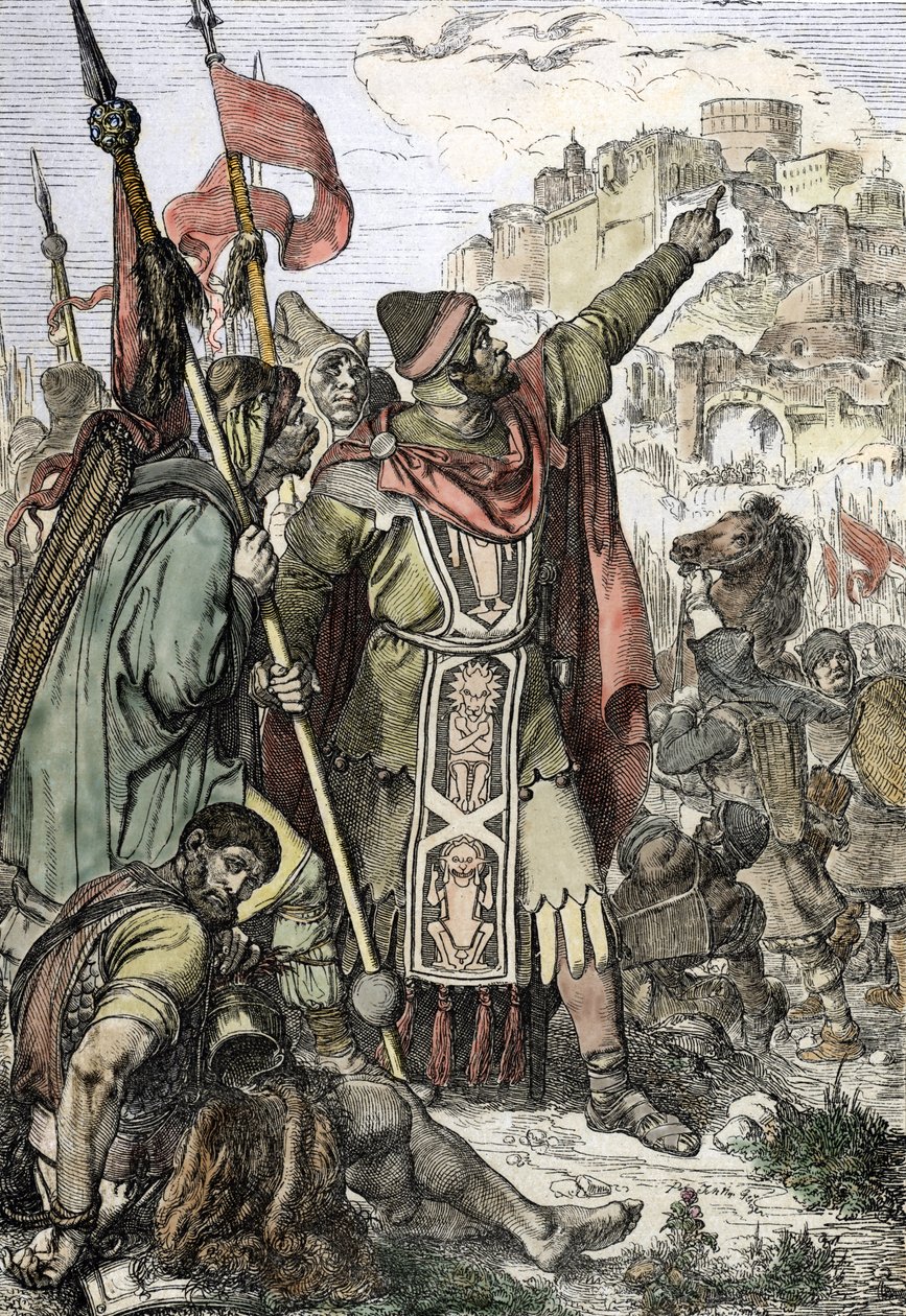 Barbar İstilası: “” İtalya'nın Aquilee şehrini kuşatmak için yakalanan Hunların kralı Attila (406-453) askerleriyle nöbet tutuyor. by Peter Johann Nepomuck Geiger