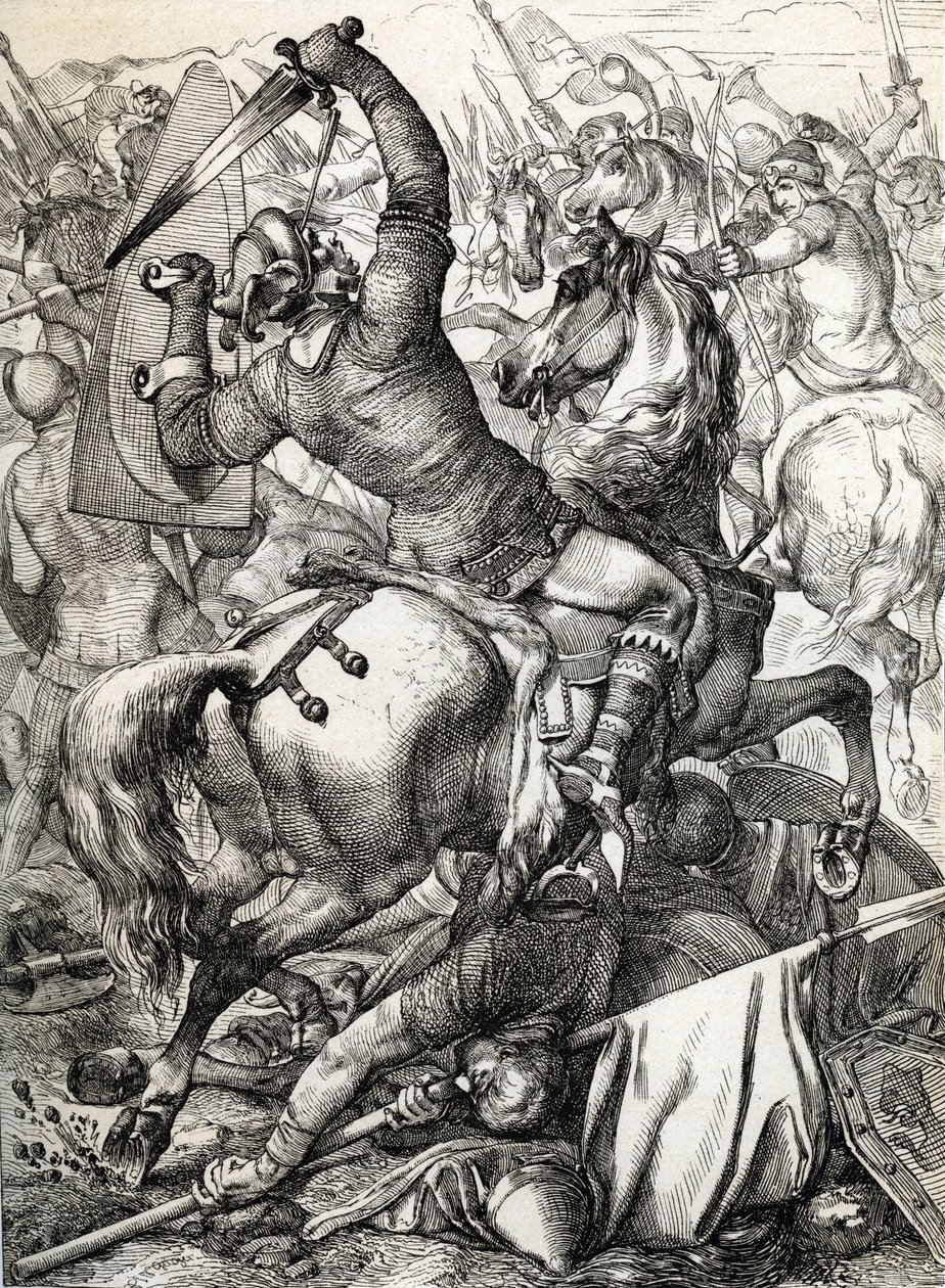 Hastings Muharebesi, 14 Ekim 1066'da Normandiya Dükü II. William'ın Norman-Fransız ordusu ile Anglo-Sakson Kralı II. by Peter Johann Nepomuck Geiger