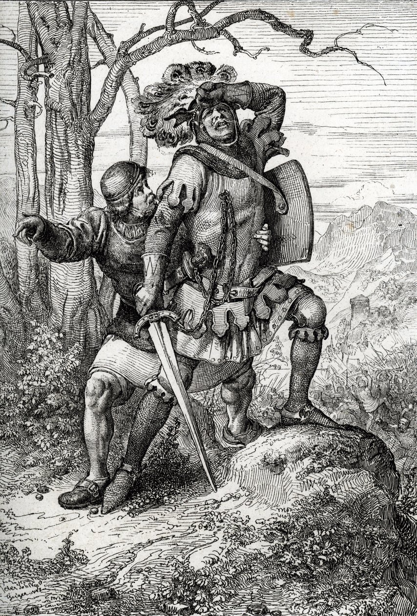 Avusturya Dükü Leopold I, Habsburg Lordu, 15 Kasım 1315'te Morgarten Savaşı'nda İsviçre konfederasyonlarına karşı arkadaşlarından biri tarafından kurtarıldı (15 Kasım 1315'te Morgarten Savaşı, Avusturya Dükü Leopold I, bir asker tarafından kurt by Peter Johann Nepomuck Geiger
