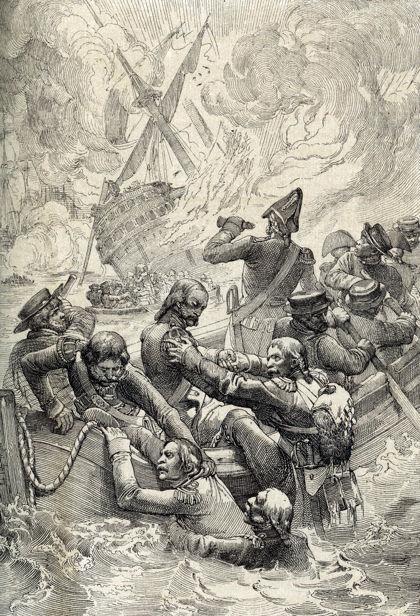 Mısır Keşif Gezisi: Ağustos 1798'de Nil Savaşı'nda (Aboukir Savaşı) Doğunun Yıkımı (Aboukir Körfezi Savaşı: Nil Savaşı'nda L'Orient'in Yıkımı, Ağustos 1798) "Historische Memorabilian"dan tüy çizimi des In by Peter Johann Nepomuck Geiger