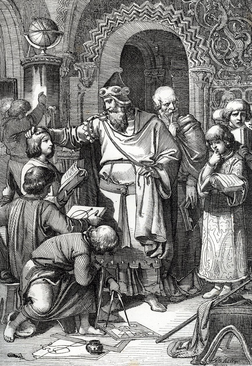 İmparator Şarlman (742-814) çocukların okul meclisinin kurucusu” (İmparator Şarlman çocuklarla tanışır, eğitim ve öğrenime olan ilgisi ve bilim adamlarının himayesi onun okulların hamisi olarak görülmesine neden olmuştur) by Peter Johann Nepomuck Geiger