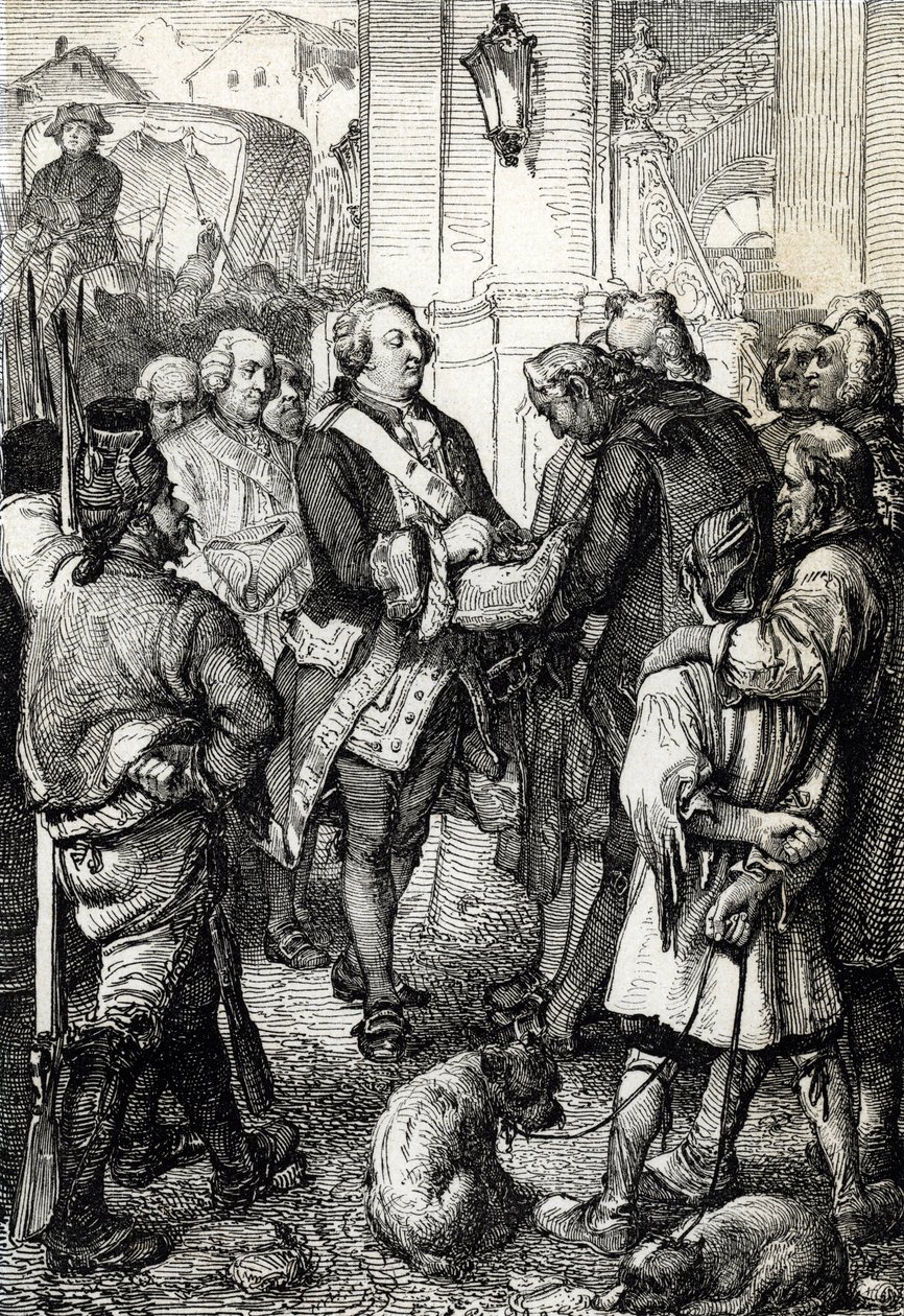 Fransız Devrimi: Kral Louis XVI, Paris belediye başkanı Jean-Sylvain Bailly'den üç renkli kokart aldı by Peter Johann Nepomuck Geiger