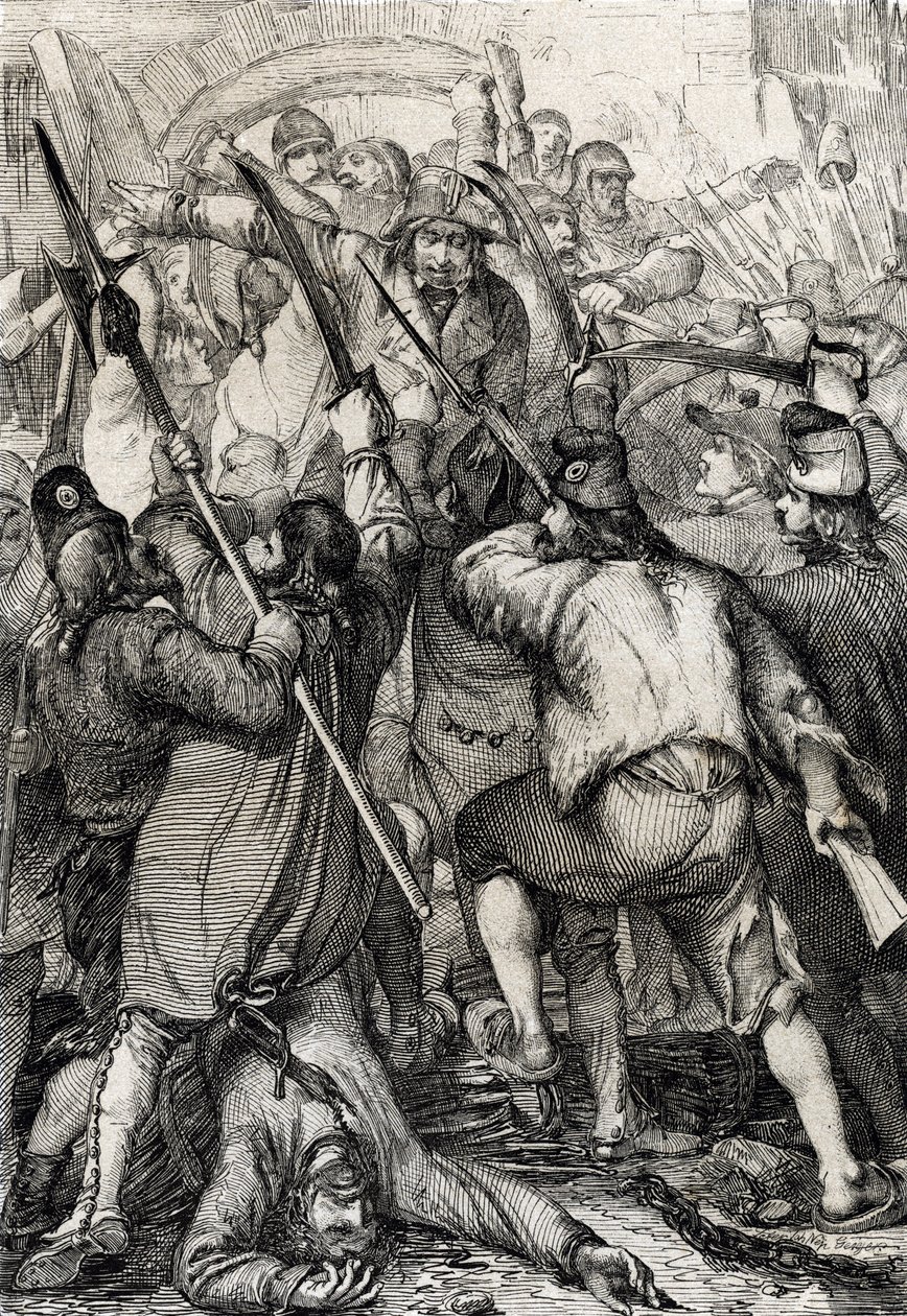 Fransız Devrimi: Bastille'in fırtınası sırasında asma köprüden giren ve garnizonu ve valiyi öldüren silahlı ve öfkeli halk by Peter Johann Nepomuck Geiger