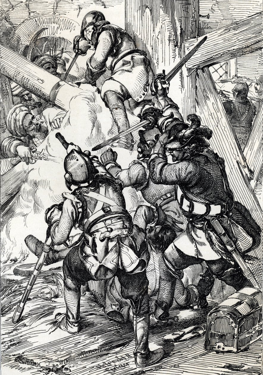 İsveç Kralı XII. Charles (veya Carl) (1682-1718) Bender'de (Bendery) Türklere karşı savunma yapıyor Şubat 1713, Moldaie (Sürgündeki İsveç Kralı XII. Charles (Carl) çetelere ve Osmanlı Yeniçerilerine karşı savunma yapıyor), Bender, şubat 1713 ) Kalem çi by Peter Johann Nepomuck Geiger