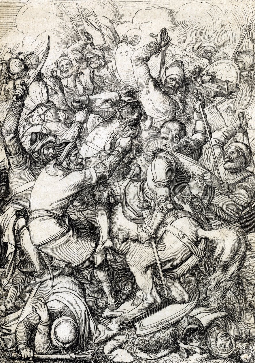 Portekiz Kralı I. Sebastian (1554-1578), 4/08/1578 tarihinde Fas'ta Alcacer-Quibir Savaşı'nda (Ksar el-Kebir veya Üç Kralın Savaşı) ele geçirildi (Portekiz Kralı I. Sebastian, Ksar Savaşı'nda yakalandı) El Kebir (Üç Kralın Savaşı veya Alcacer Q by Peter Johann Nepomuck Geiger