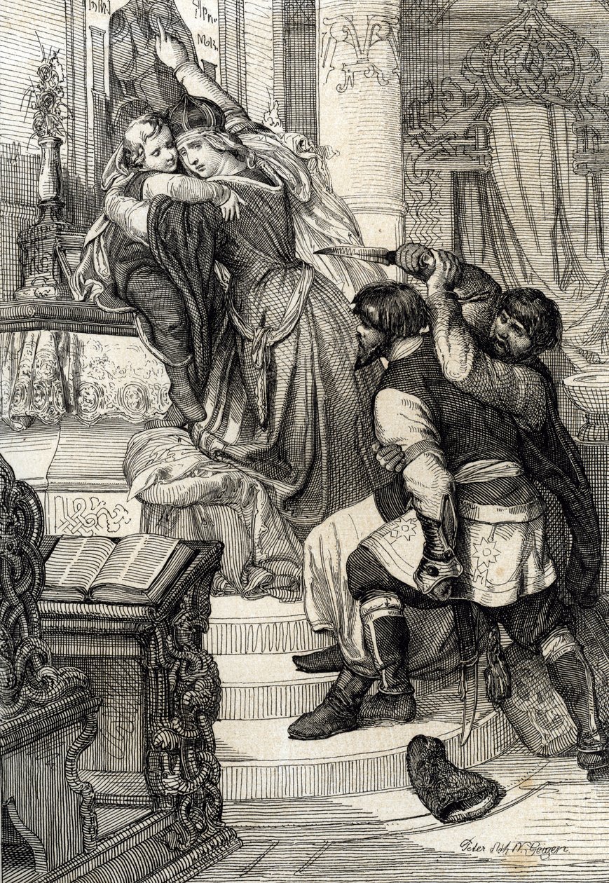 1682 Moskova isyanı (1682 streltsy'nin kaldırılması): Tsarina Natalia Narychkina, oğlu Prens Peter'ı (1672-1725) streltsy (sokaklar) saldırılarından koruyor, Rusya (1682 Moskova Ayaklanması veya streltsy Ayaklanması: Tsarina Natalia Naryshkina prot by Peter Johann Nepomuck Geiger
