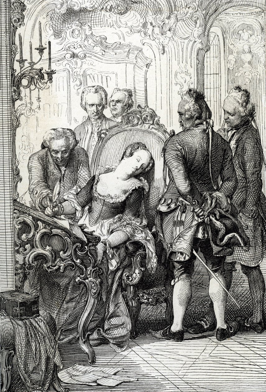 Danimarka Kraliçesi Caroline Mathilde (Caroline-Mathilde) (1751-1775) 1772'deki evlilik dışı macerasının ardından boşanma belgelerini imzalamaya zorladı (Danimarka Kraliçesi Caroline Matilda 1772 Nisan'ında zina nedeniyle boşanma belgelerini imzala by Peter Johann Nepomuck Geiger