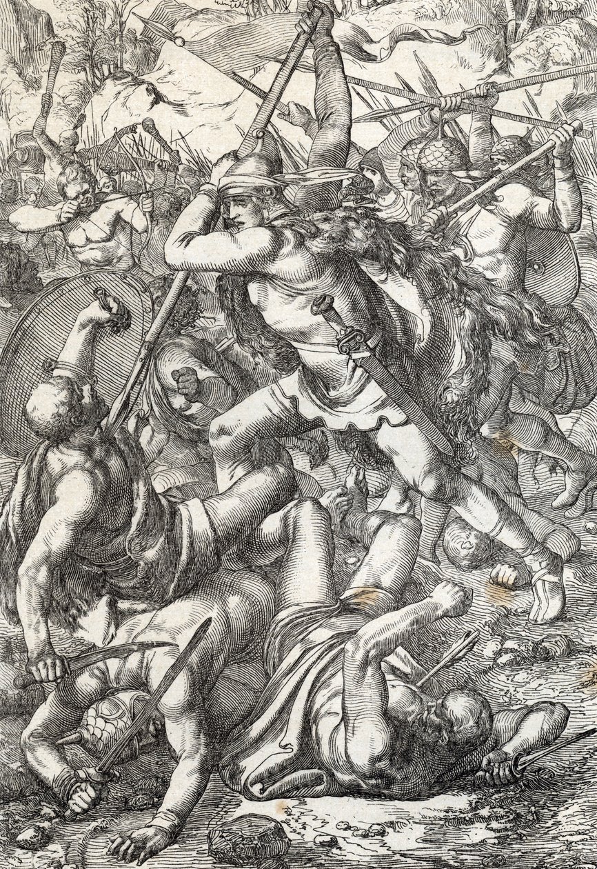 Asturias kralı fatih Pelage'nin (Pelagius veya Pelayo) temsili (737'de öldü) Sarazenlere karşı galip geldi, 719 Covadonga, İspanya by Peter Johann Nepomuck Geiger