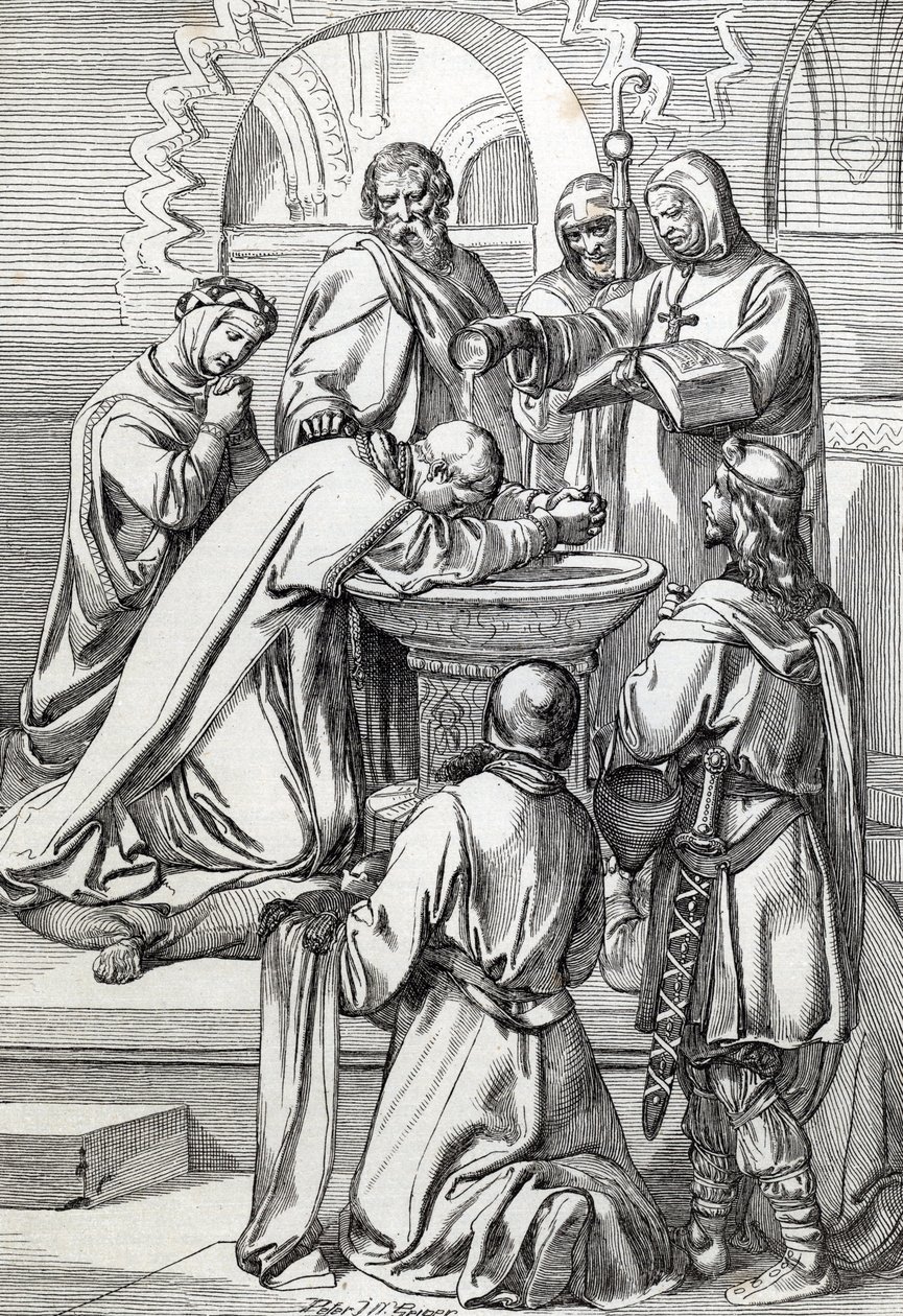 Canterbury'li Aziz Augustine'in temsili (604 öldü), Papa Büyük Gregoire tarafından 596'da Anglo-Saksonları dönüştürmek için İngiltere'ye gönderildi - O, vaftiz ettiği Kent'in Anglo-Sakson kralı (552? -616) Ethelbert'ten önce burada. by Peter Johann Nepomuck Geiger