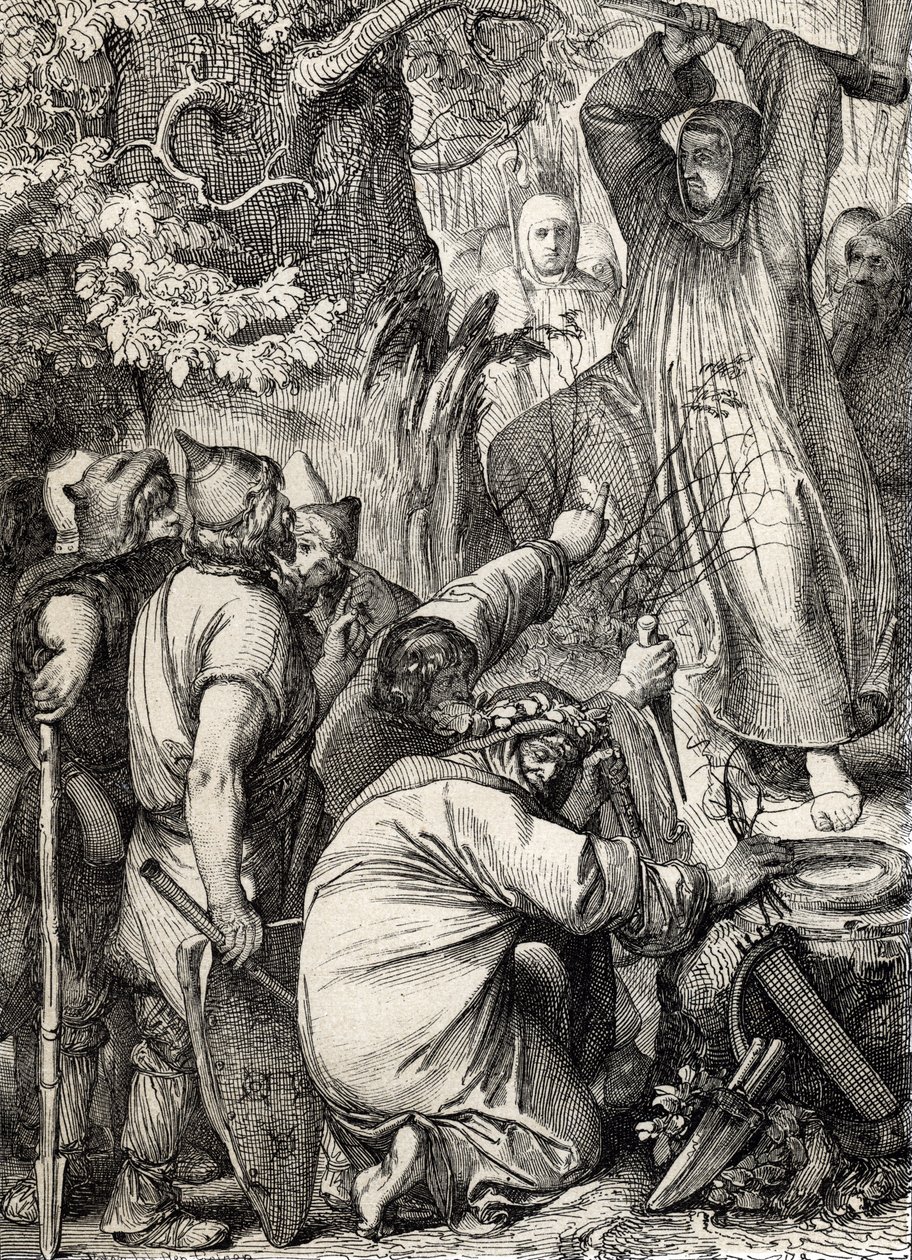 Mainz'li Aziz Boniface'in (680-754) temsili, druidleri bunun kutsal bir ağaç olmadığına ikna etmek için Thor'un meşesini kesiyor (Aziz Boniface (Bonifacius) Thor'un meşesini (Donar veya Jove's meşe) Cermen putperestlerinin kutsal ağacın by Peter Johann Nepomuck Geiger