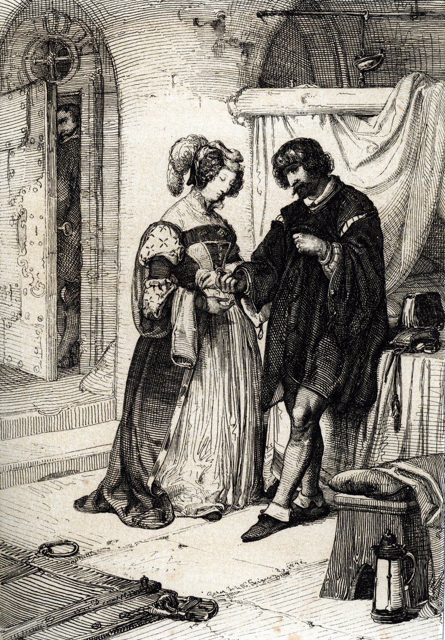 Essex Kontu Robert Devereux (1565-1601) vatana ihanetten ölüm cezasına çarptırıldı Elizabeth Howard, Nottingham Kontesi ve İngiltere Elisabeth Iere'nin Onur Leydisi, Kraliçe'ye sadakatinin halka taahhüdü by Peter Johann Nepomuck Geiger